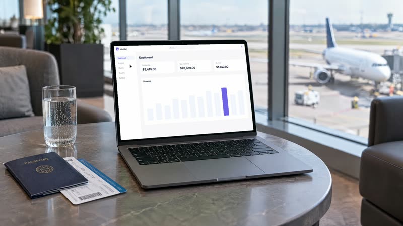 A laptop in an airport lounge with a plane outside
