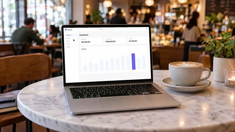 A laptop on a marble café table next to a latte