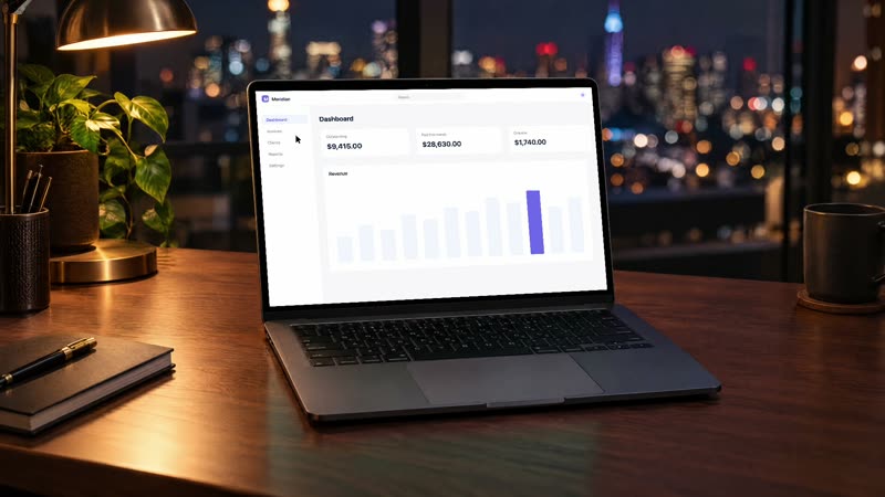 A laptop on a walnut desk at night with city lights behind