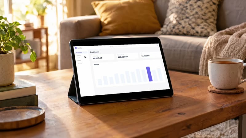 A tablet on a folio stand on a coffee table at home